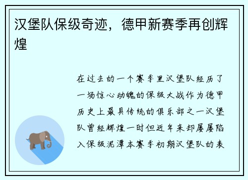 汉堡队保级奇迹，德甲新赛季再创辉煌