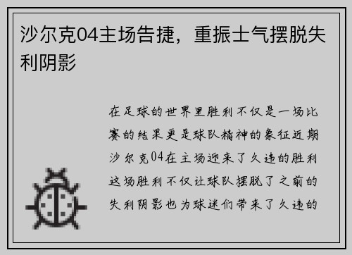 沙尔克04主场告捷，重振士气摆脱失利阴影